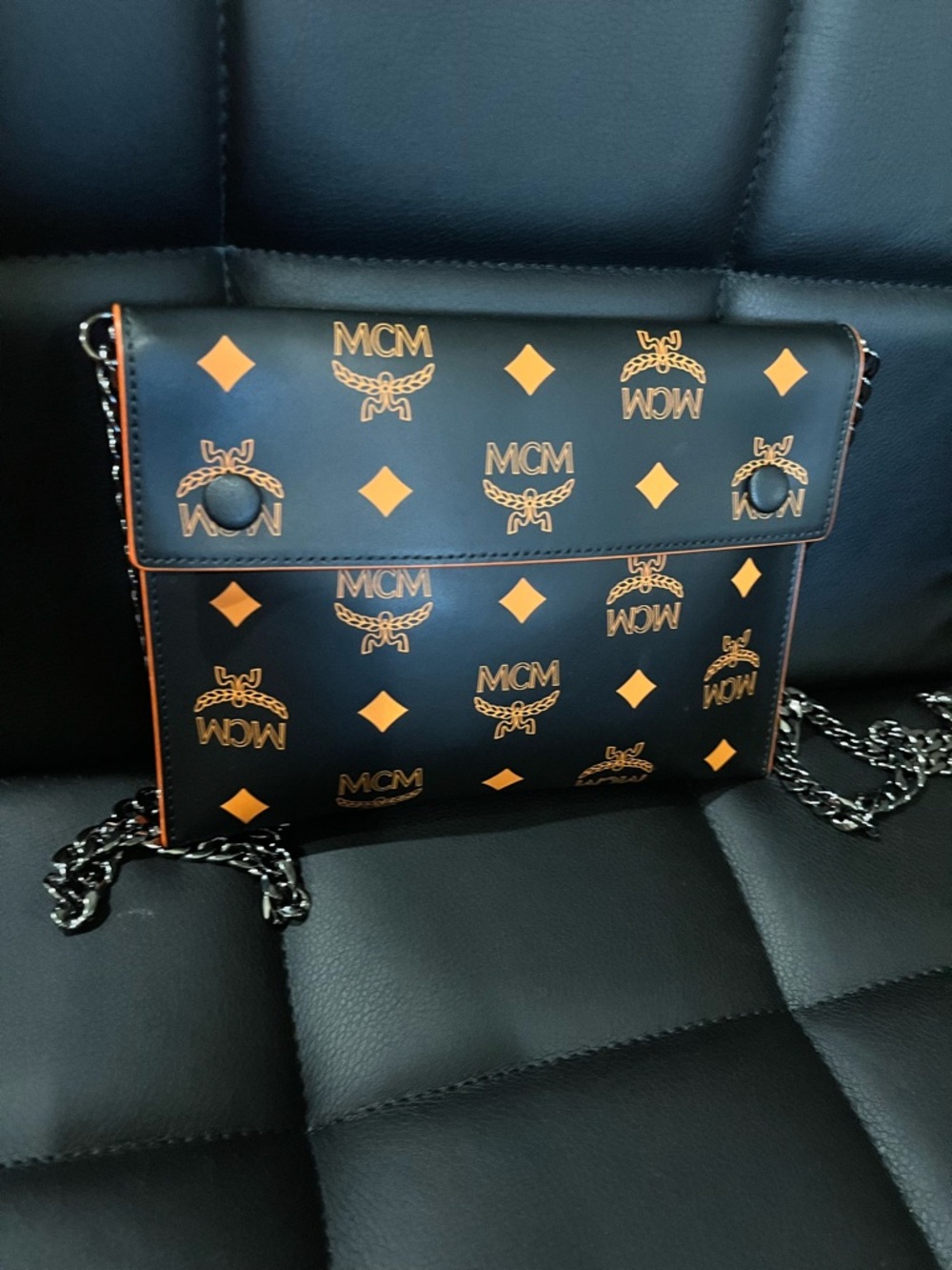 MCM Black & Cognac Logo Print Chain Shoulder Bag
